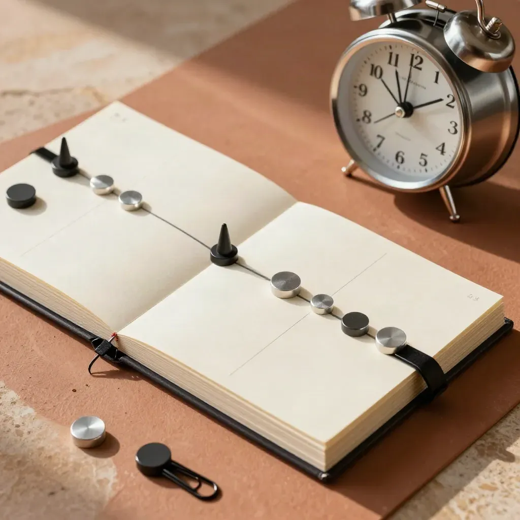 Overhead project timeline still life with clips, clock, and blank schedule deck on terracotta