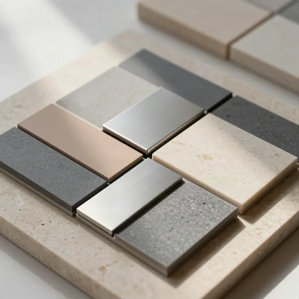 Top-down square of aligned swatch strips and modular blocks on warm limestone.