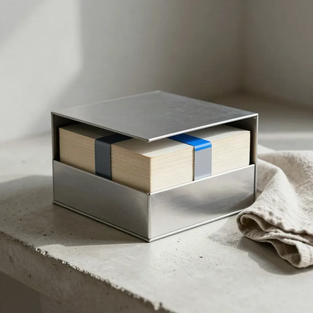 Archival box with cards and silver band on a concrete tray in soft daylight.