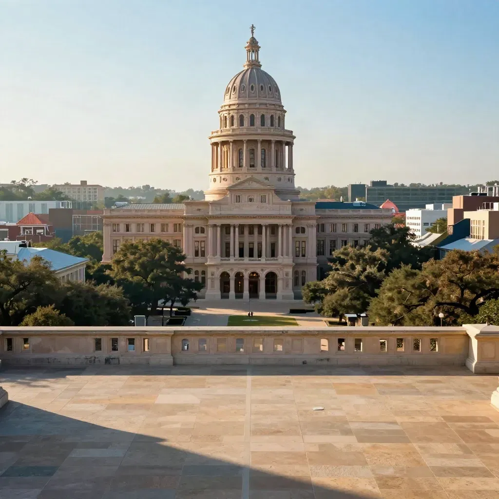 Golden-hour Austin with the Capitol dome above calm limestone and live oaks.