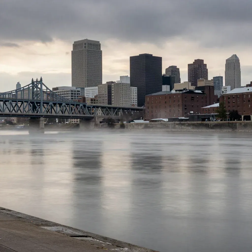 Storm-cleared Midwestern river skyline with bridge and haze above calm water at dusk.