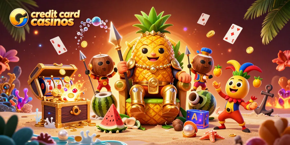 Experience thrilling gameplay at credit card casinos with a vibrant 3D casino illustration featuring dynamic characters and elements.