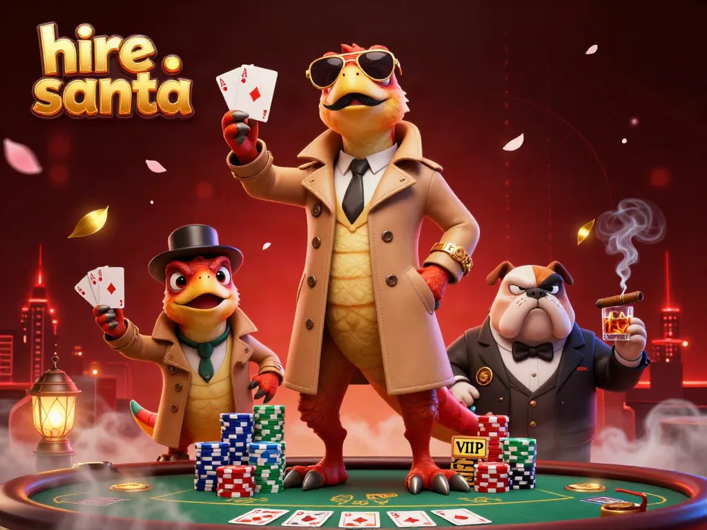 Three raptors in a trench coat trying to hire Santa at a VIP casino lounge with poker chips and cards.