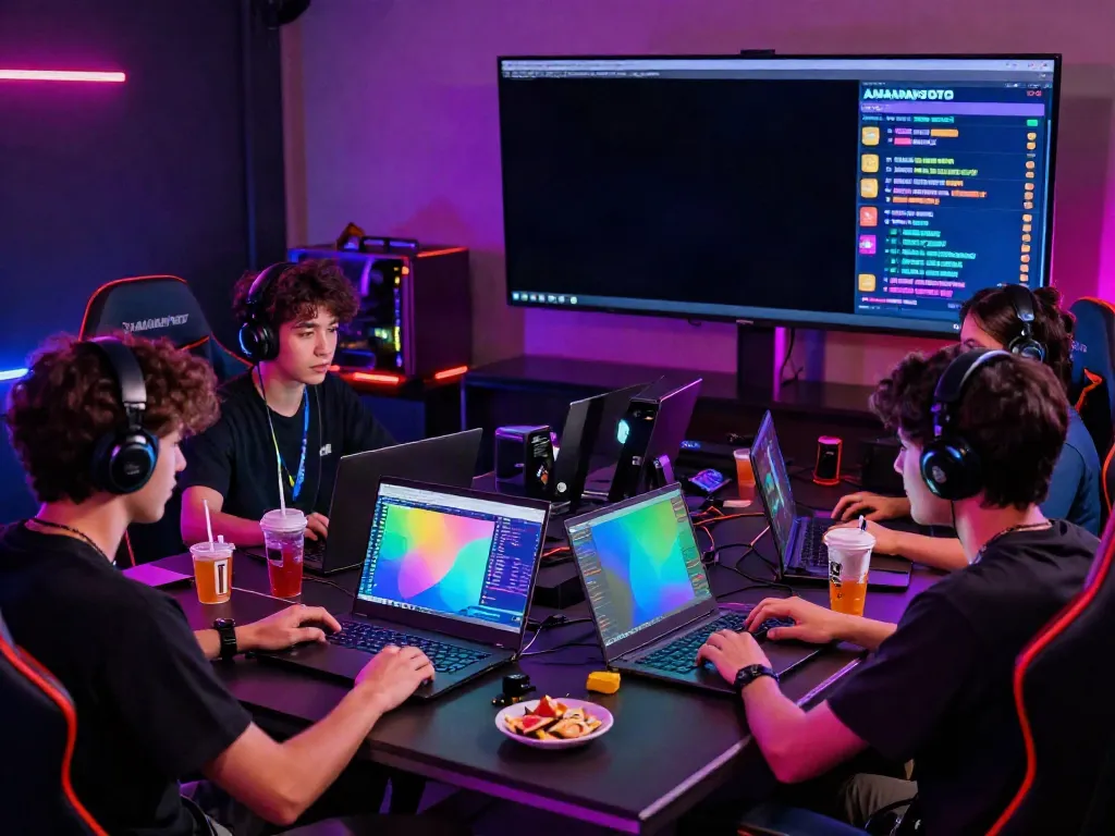 Group of gamers discussing AMANAHTOTO Togel trends in modern gaming setup