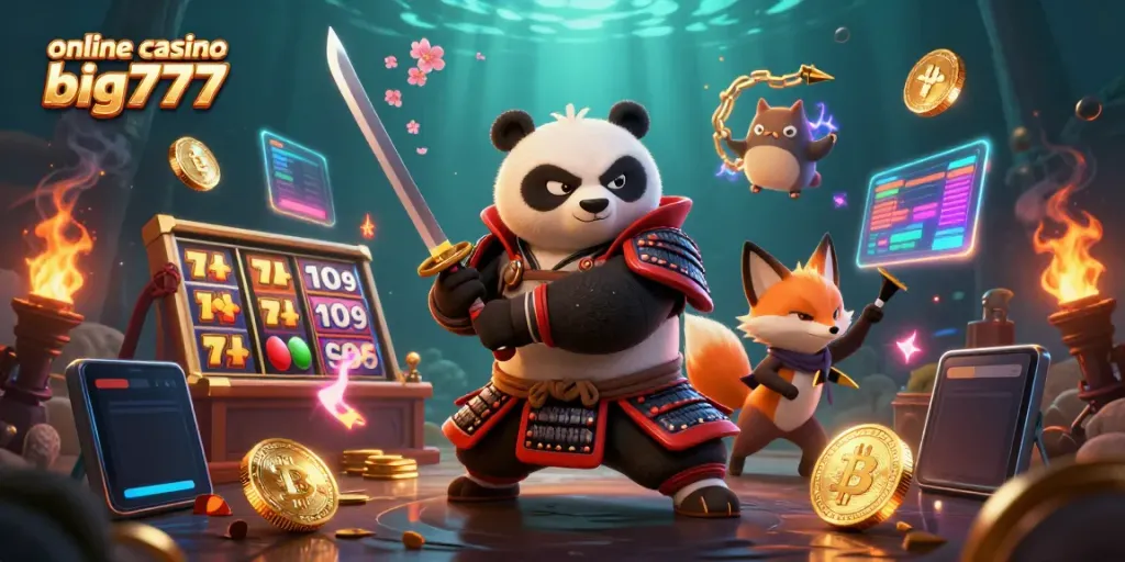 Experience the dynamic world of online casino big777 with samurai panda and ninja fox amidst glowing slot elements.