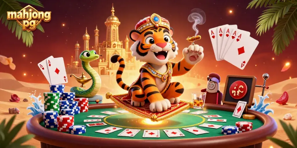 Permainan papan yang menyenangkan mahjong pg dengan sultan harimau yang beraksi di karpet chip poker.