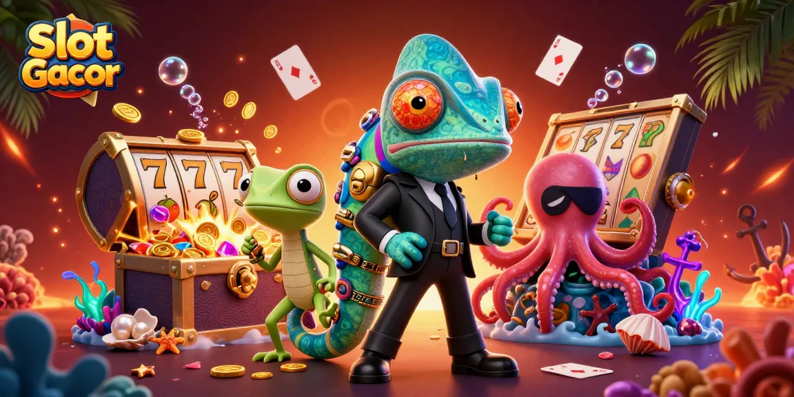 Engage with Slot Gacor as vibrant characters surround dazzling slot reels and treasures.
