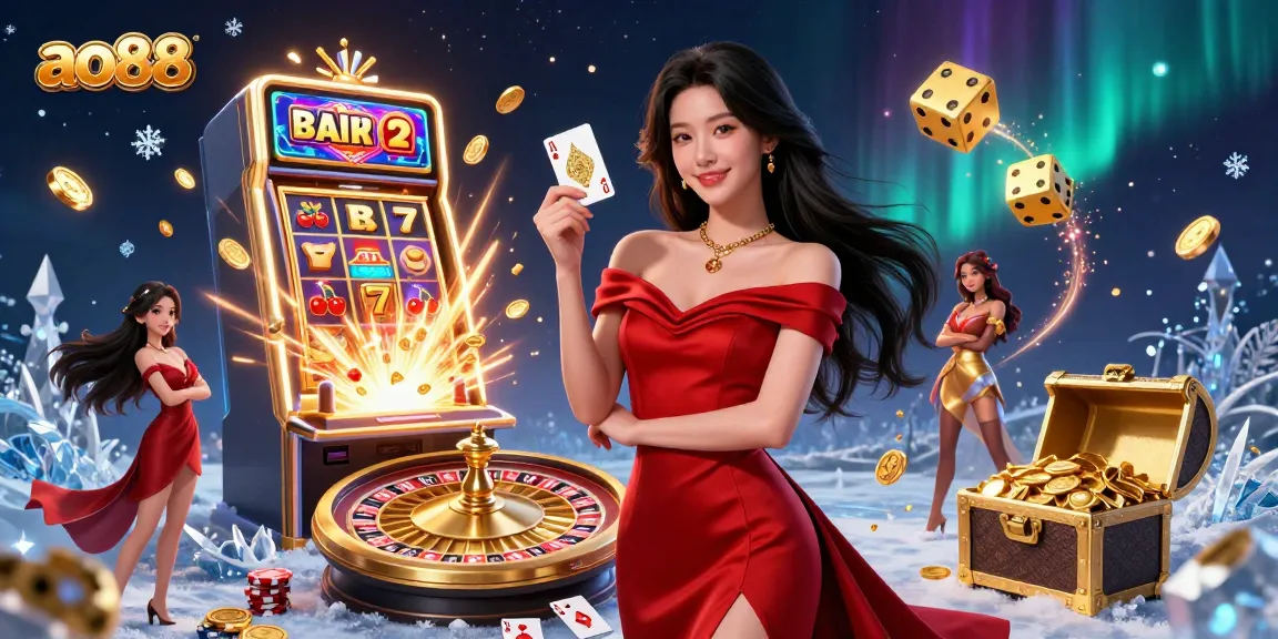 Win big with ao88 as a stunning Asian woman showcases her gambling skills next to a vibrant casino scene