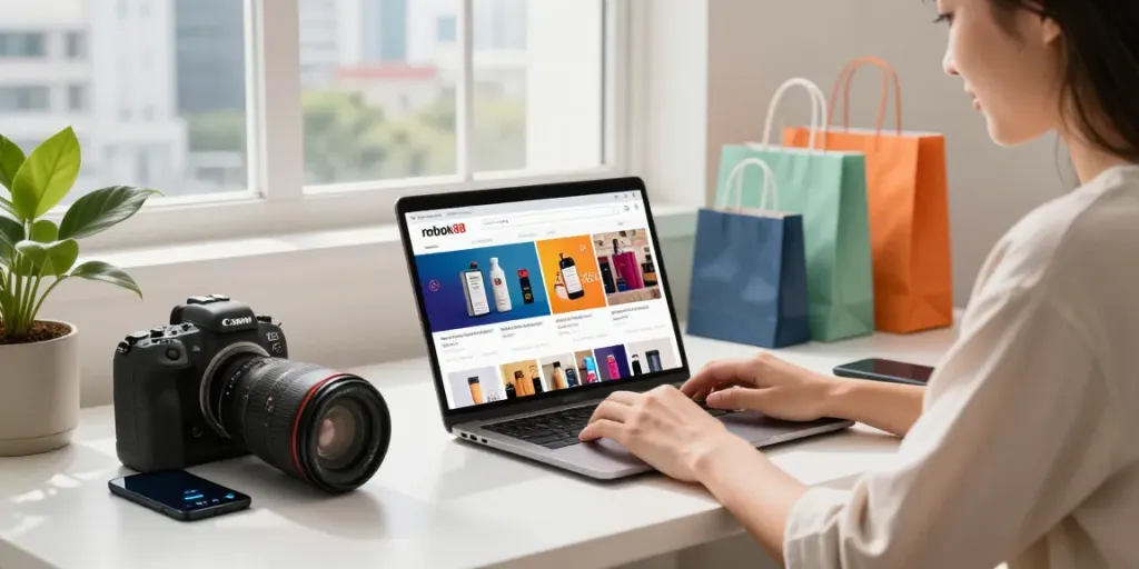 Shopping for exclusive rokok88 merchandise online in a modern workspace.