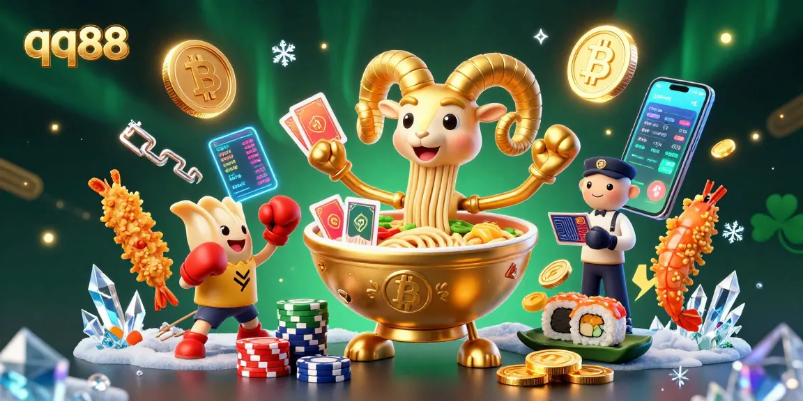 Experience the thrill of qq88 with a vibrant 3D casino scene filled with animated characters and cryptocurrency elements.