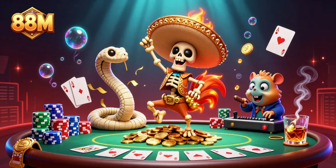 A 3D mariachi rooster celebrates wins at 88M casino, surrounded by vibrant poker elements.