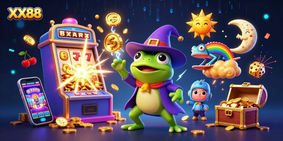 Spin the reels at XX88 with a vibrant 3D frog wizard and golden coins in a casino scene.