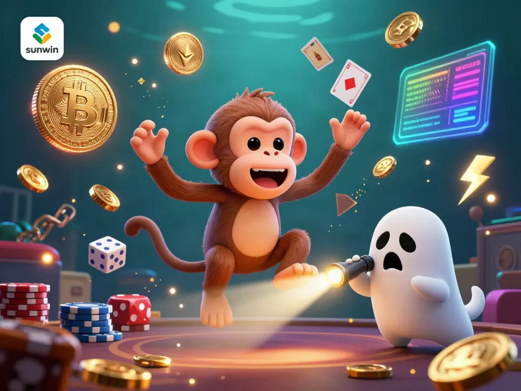 Experience the thrill of gambling at sunwin's haunted casino with a playful poltergeist monkey and a curious ghost-hunter puppy.