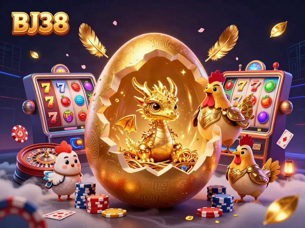 BJ38 features a 3D cartoon dragon amidst vibrant casino elements like slot reels and playing cards.