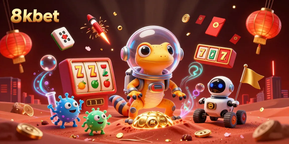 Experience winning moments with 8kbet's vibrant casino adventure illustration featuring slot elements and fun characters.