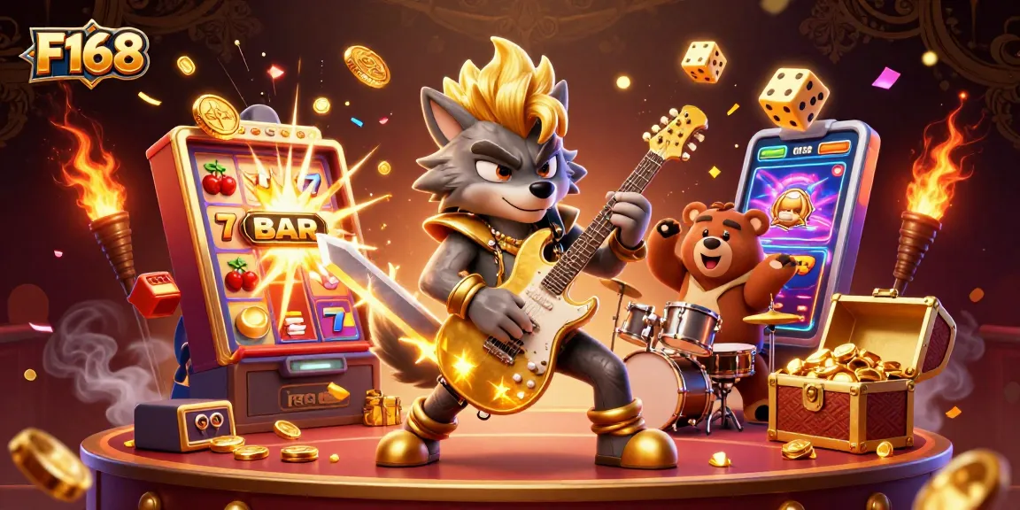 Experience the vibrant energy of F168 with a cartoon wolf and bear on a thrilling casino stage.