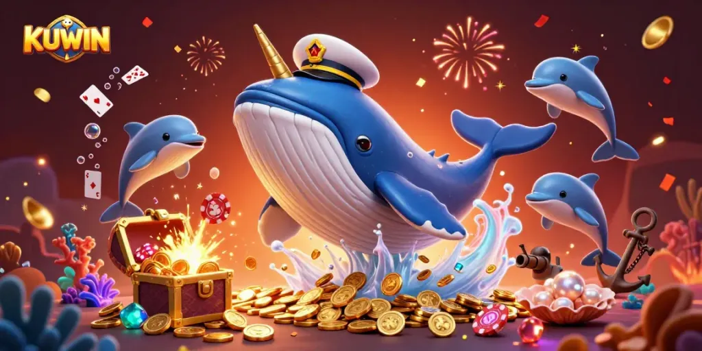 KUWIN showcases a vibrant 3D casino scene with lively characters celebrating in rich colors.