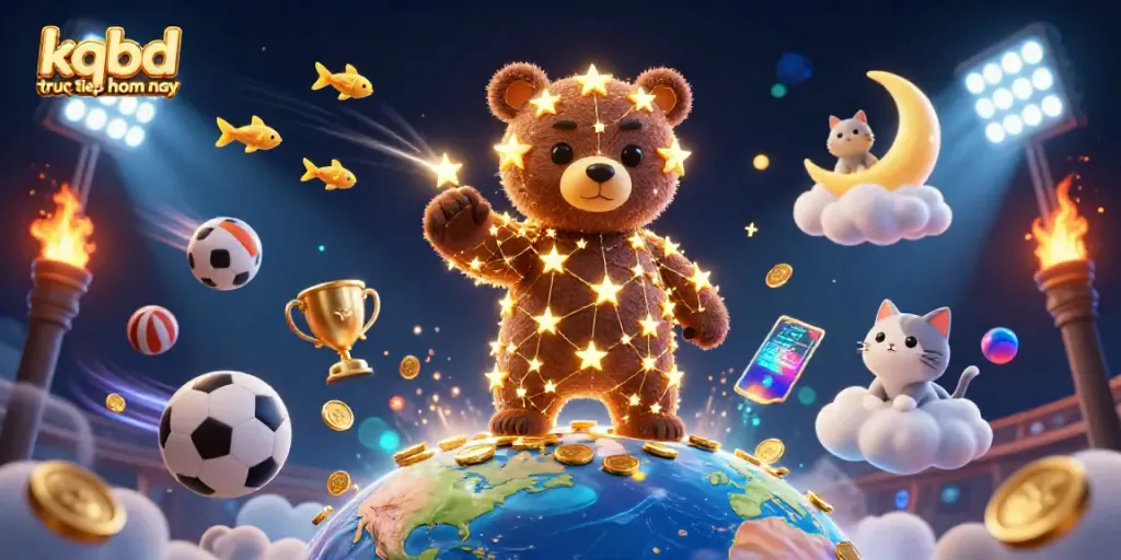 Engage with kqbd truc tiep hom nay in this vibrant 3D scene featuring a golden constellation bear and dynamic sports elements.