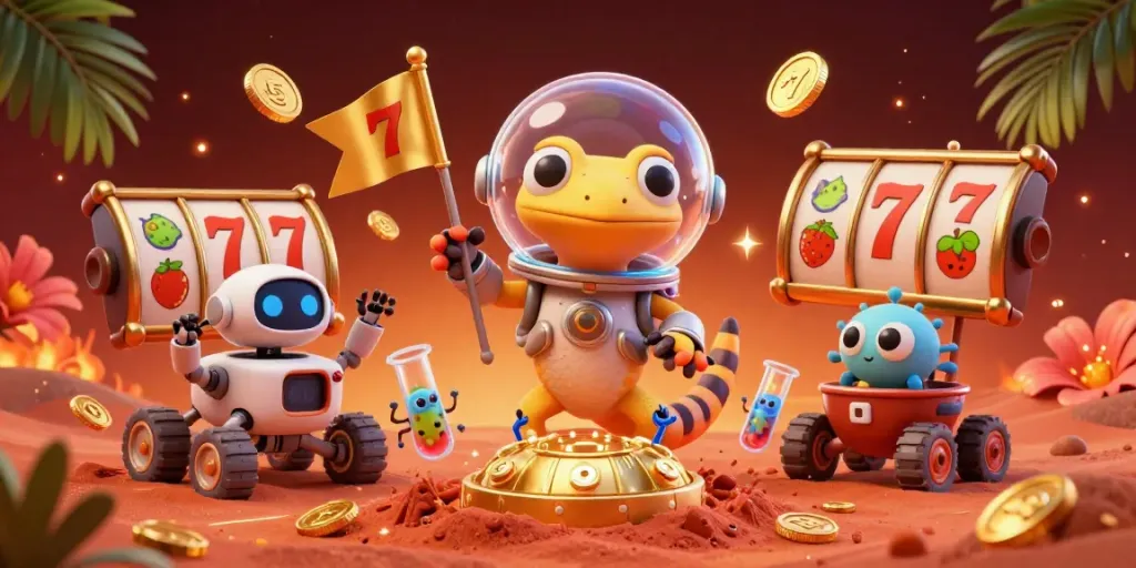 Experience thrilling wins and jackpots with the link slot as a Martian gecko discovers a golden casino.