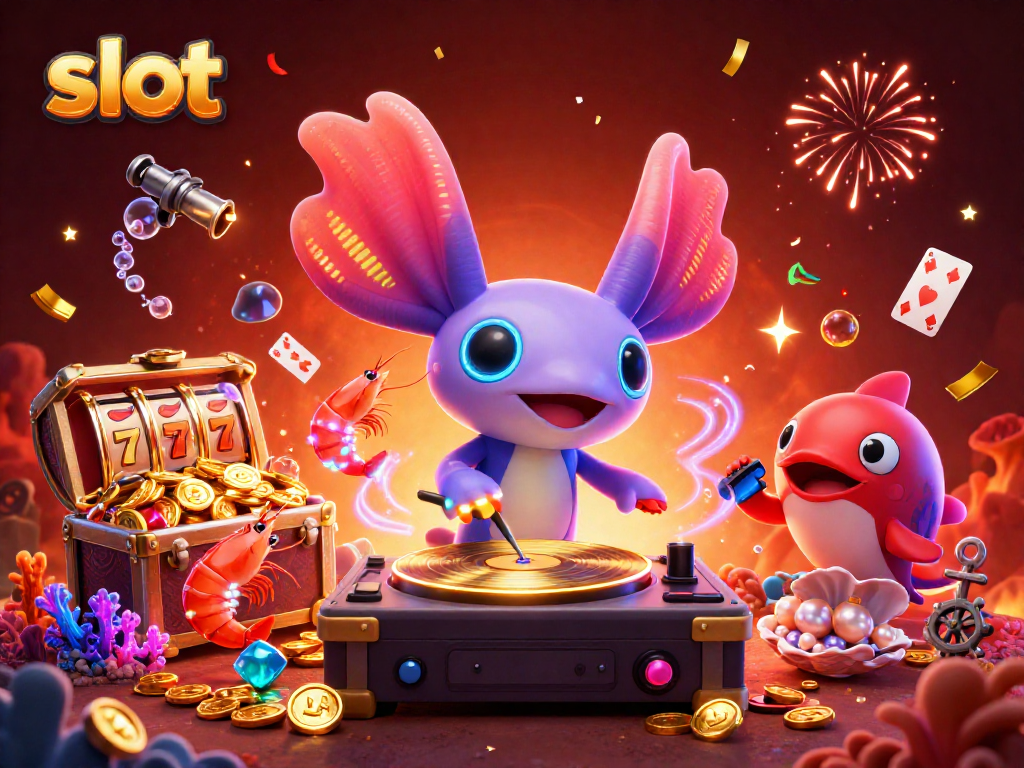 Spin slot reels with vibrant underwater scene animated by an axolotl DJ and lively sea creatures.