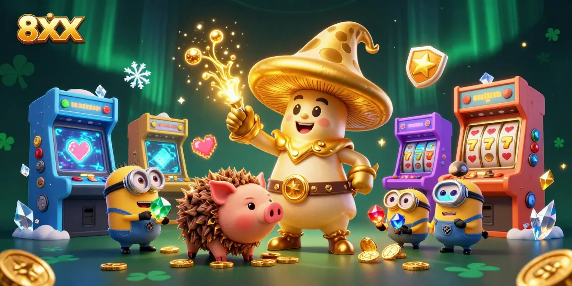 Experience the excitement of 8XX with a magical mushroom wizard and vibrant slot games in action.