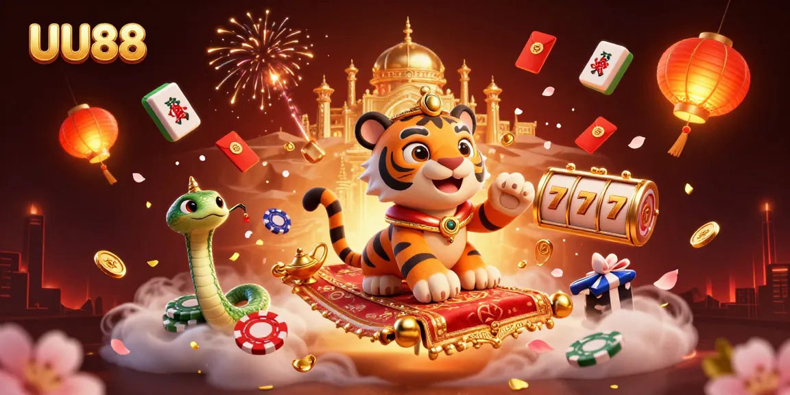 Experience thrilling gaming at UU88, featuring vibrant 3D illustrations of casino excitement and wins.