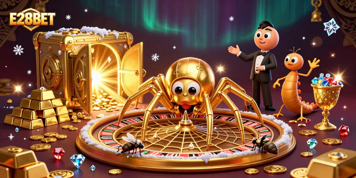 E28BET's golden spider spins a roulette wheel web as a fly bets nervously in a rich casino scene.