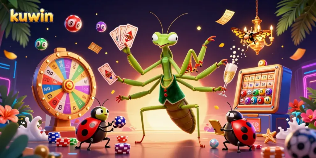Engage with kuwin’s vibrant online casino world through a lively 3D illustration depicting exciting games and characters.