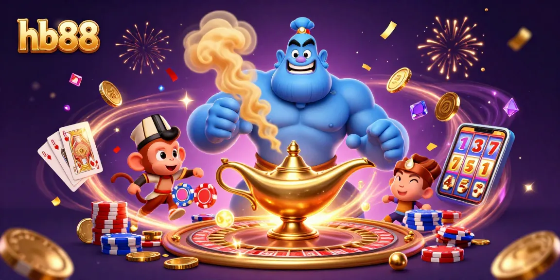 Win big with hb88 while enjoying a vibrant casino scene featuring a powerful genie and poker chips.