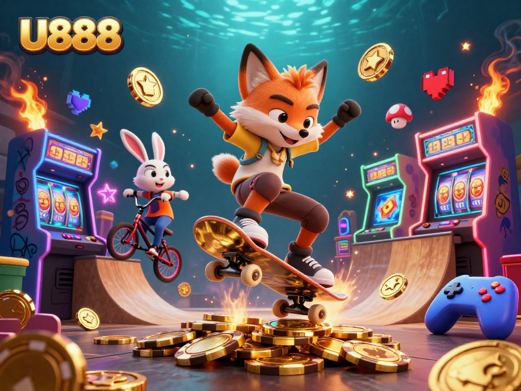 Experience thrilling slots action with U888's vibrant 3D gaming scene, featuring foxes and casino elements.