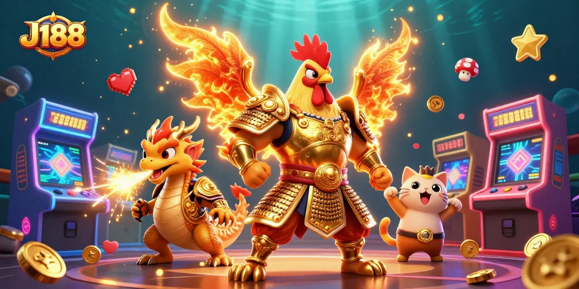 Experience thrilling action in the J188 gaming arena with a vibrant 3D illustration featuring exciting characters and casino elements.