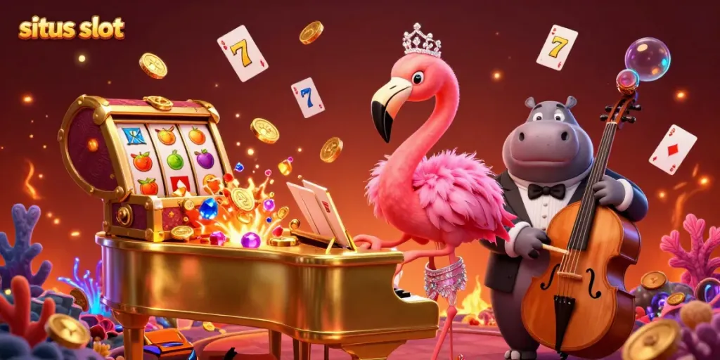 Experience exhilarating winning moments at situs slot with a vibrant casino scene featuring a flamboyant flamingo singer and a tuxedoed hippo bassist.