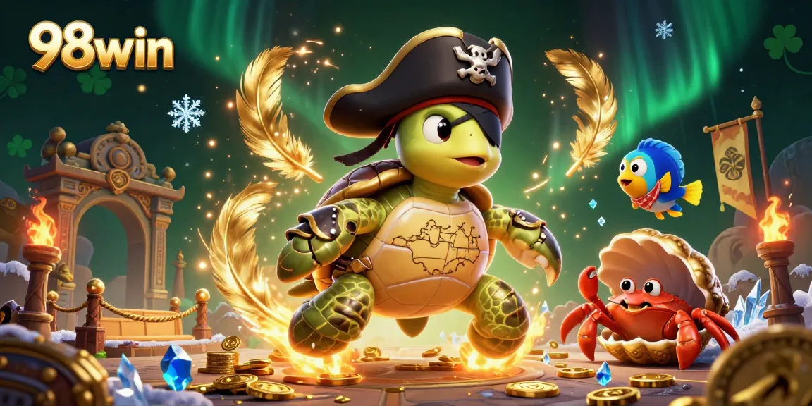 Experience the thrilling world of 98win with this vivid 3D illustration of a pirate turtle amidst treasures and dynamic gaming elements.