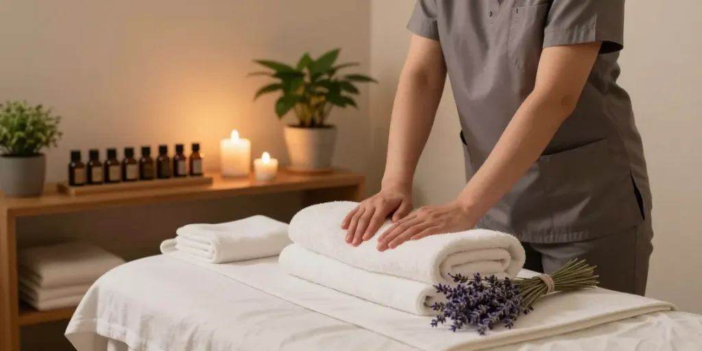 Relaxing wellness therapist preparing for 노원출장안마 session in a serene atmosphere.