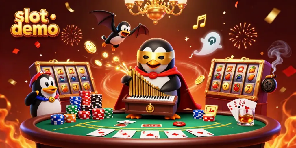 Menangkan slot demo dengan penampilan menarik penguin opera bermain orgel dan koin emas berhamburan.