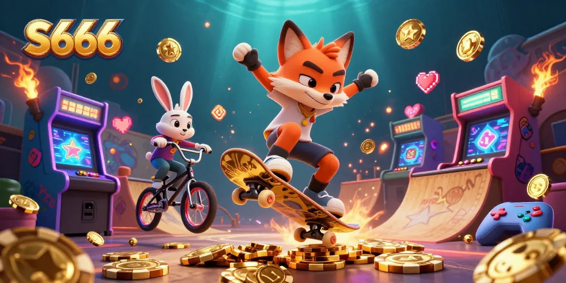 S666 provides an immersive casino experience, showcasing a fox skateboarder and rabbit trickster in a vibrant gaming scene.