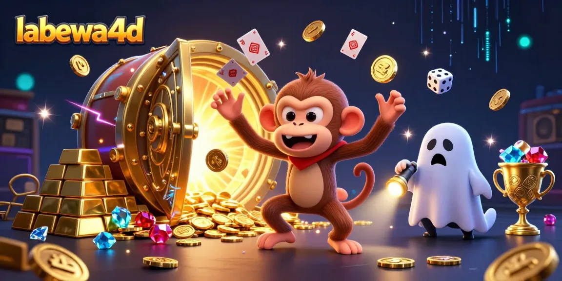 labewa4d menunjukkan keseruan permainan kasino dengan hantu yang menggenggam chip emas dan dadu di latar belakang.