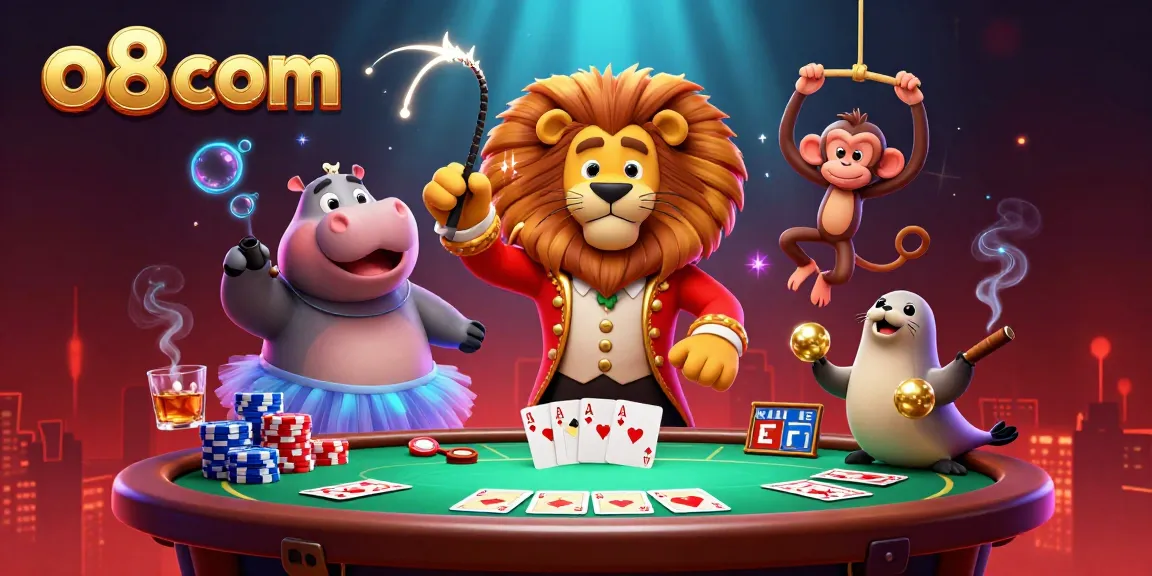 Experience the excitement at o8 com with a vibrant, action-packed casino illustration featuring animals enjoying poker and games.