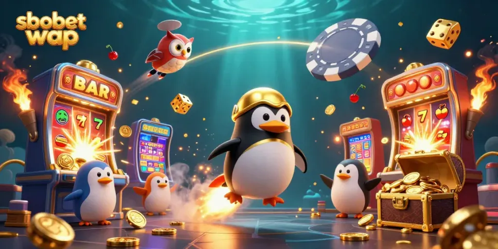 Experience sbobet wap with a golden penguin in a vibrant casino-themed 3D scene full of action.