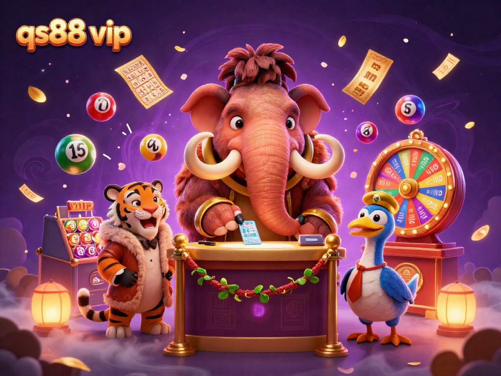 Experience excitement with qs88 vip as a cartoon mammoth checks IDs at a vibrant casino scene.