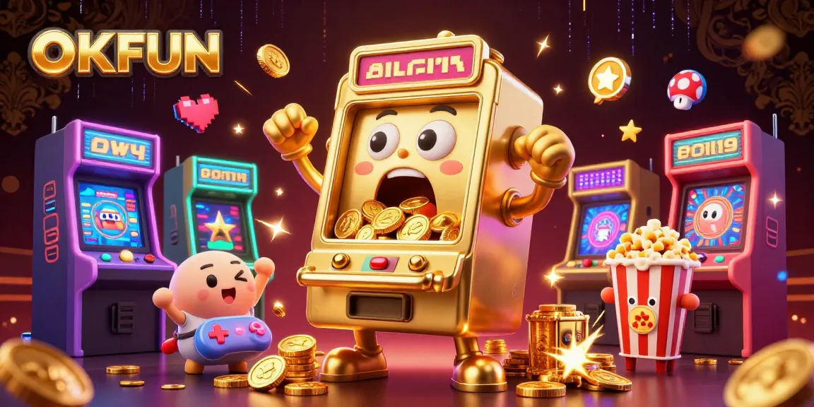 OKFUN slot machine hits jackpot with coins spilling out, surrounded by cheering baby slot machines and arcade elements.