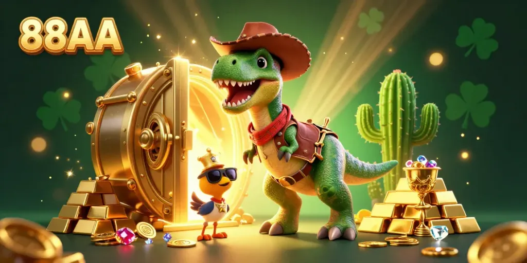 88AA presents a vibrant 3D casino scene with a cowboy dinosaur, dynamic treasures, and rich details.