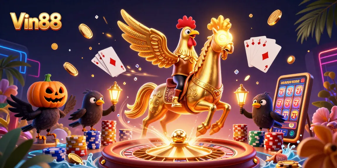 Experience thrilling action at Vin88 with a golden rooster in a midnight casino adventure.