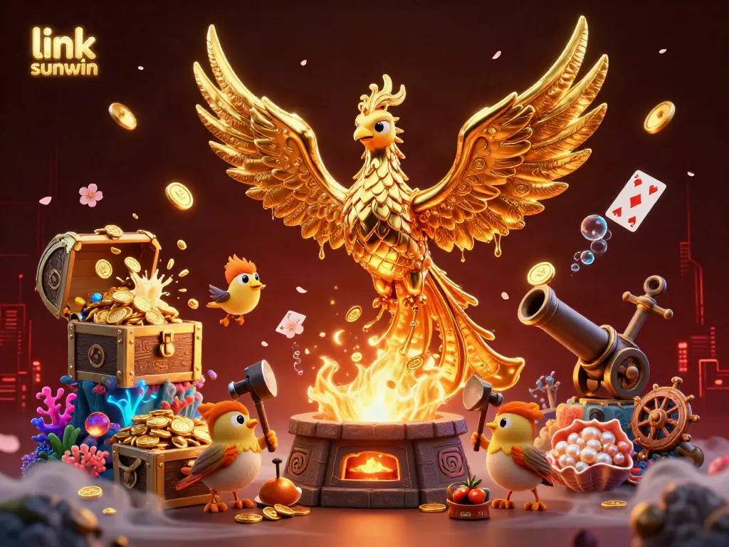 Experience the thrill of link sunwin through an ultra-detailed 3D illustration of a molten golden phoenix surrounded by treasure elements.