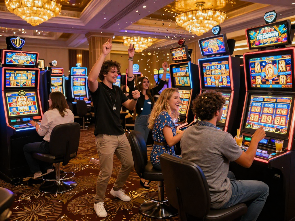 Friends celebrating a slot jackpot win in a vibrant casino atmosphere.