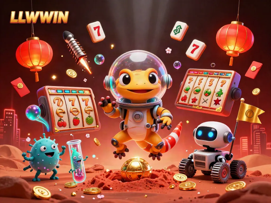 Experience thrilling gaming at LLWWIN with a Martian gecko discovering a golden casino filled with vibrant game elements.