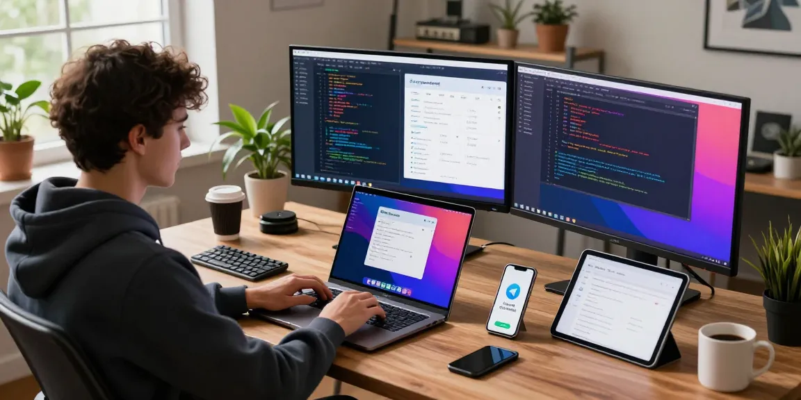 Workspace showcasing Telegram Download on multiple monitors with developer engaged in coding.