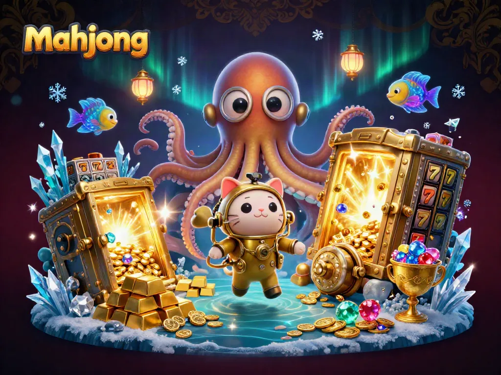 Experience mahjong excitement with slot elements featuring a colossal kraken and diving cat in a vibrant casino scene.