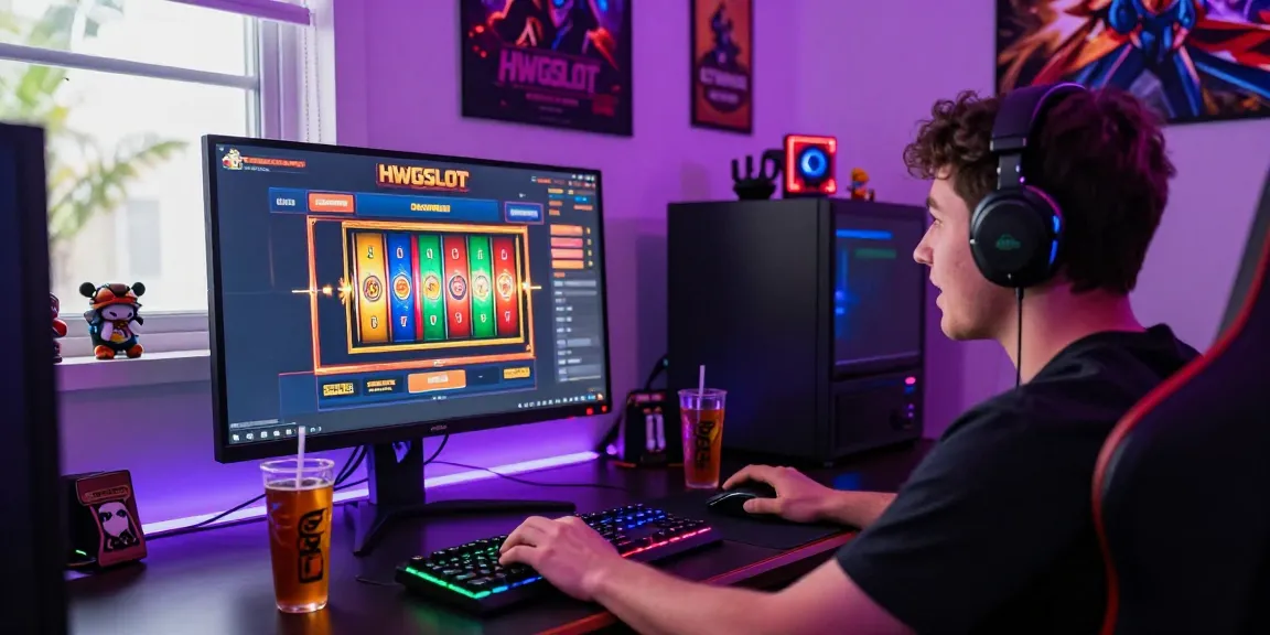 Engaged player enjoying HWGSLOT online gaming experience at a vibrant gaming setup with colorful graphics.