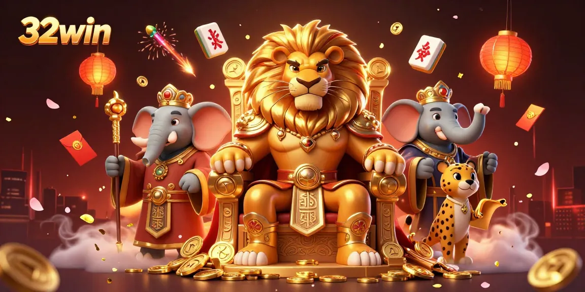 Experience the excitement of 32win with a fierce lion king and dazzling casino elements in this vibrant illustration.